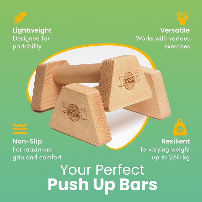 Дерев'яні бруси WOODPOWER PowerBars для віджимань і стійки на руках, нековзкі паралетси для кросфіту, йоги, калістеніки, для дому та вулиці