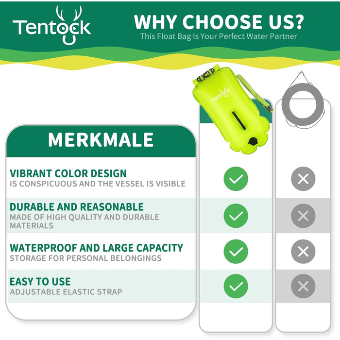 Tentock Плавуча сумка 28L, водонепроникна, надувна, для плавання та водного спорту. Безпечний плавучий засіб для триатлонів, каякінгу та снорклінгу. Колір: яскраво-зелений.