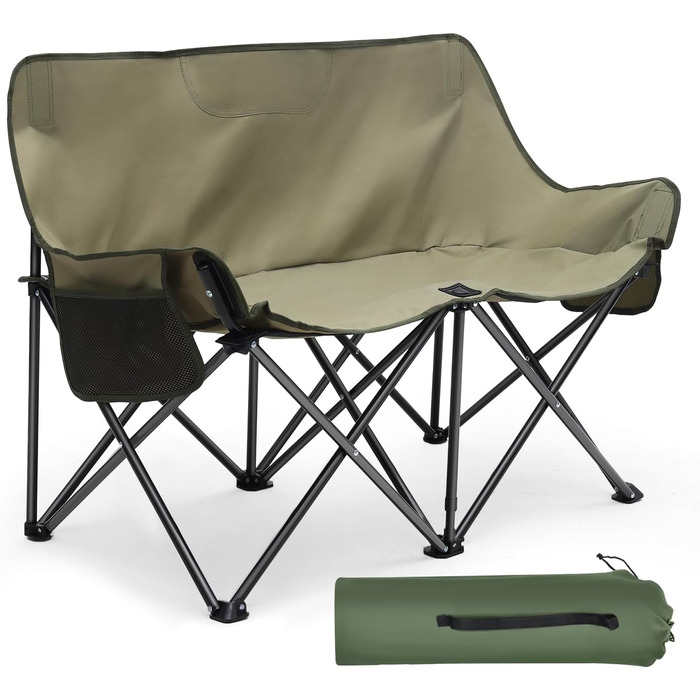Складане кемпінгове софа для 2 осіб Sunula - портативний стілець з підлокітниками та сумкою, для пікніка, кемпінгу, саду, балкону, риболовлі (оливковий, 110 см)