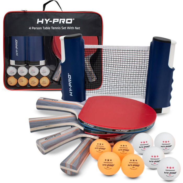 Набір для настільного тенісу Hy-Pro – портативний, з висувною сіткою (до 170 см), 4 ракетки, 8 м'ячів, сумка, м'ячі 3 зірки, для дітей та дорослих, для гри в приміщенні та на вулиці