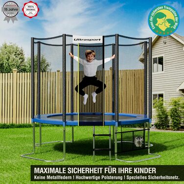 Батут Ultrasport SICHERSTE для дітей на вулицю, діаметр 180-430 см, до 150 кг, безпечне мережеве комплектування, тиха пружина, блакитний, для саду