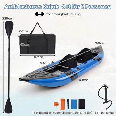 Надувний каяк COSTWAY для 2 осіб з алюмінієвими веслами, EVA-сидінням, насосом та ремкомплектом, блакитний