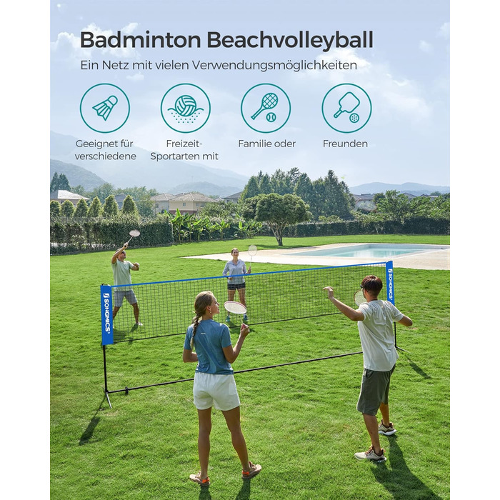 SONGMICS Сітка для бадмінтону/волейболу, регульована висота, переносний набір (300/400/500 см, блакитна)
