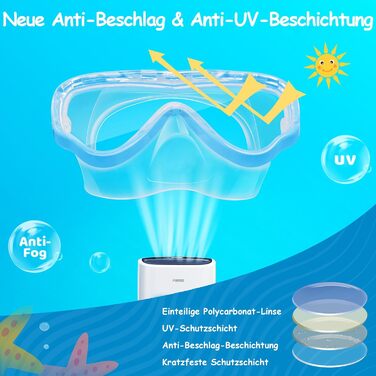 Дитячі маски для снорклінгу Vvinca: маска для плавання з тканинним ремінцем, 180° панорама, анти-тік, для дітей 3-13 років (блакитний)