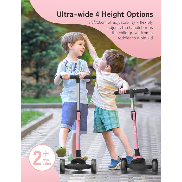 Дитячий самокат Besrey з великими колесами, світлодіодними ліхтарями та регульованою висотою, для дітей 3-8 років (Рожевий, Єдиноріг)