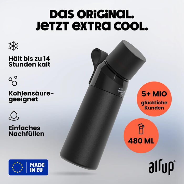 Пляшка air up Steel Starter Set з нержавіючої сталі 480 мл, чорна, з 5 смаковими капсулами, ізотермічна, зберігає холод до 14 годин, без цукру