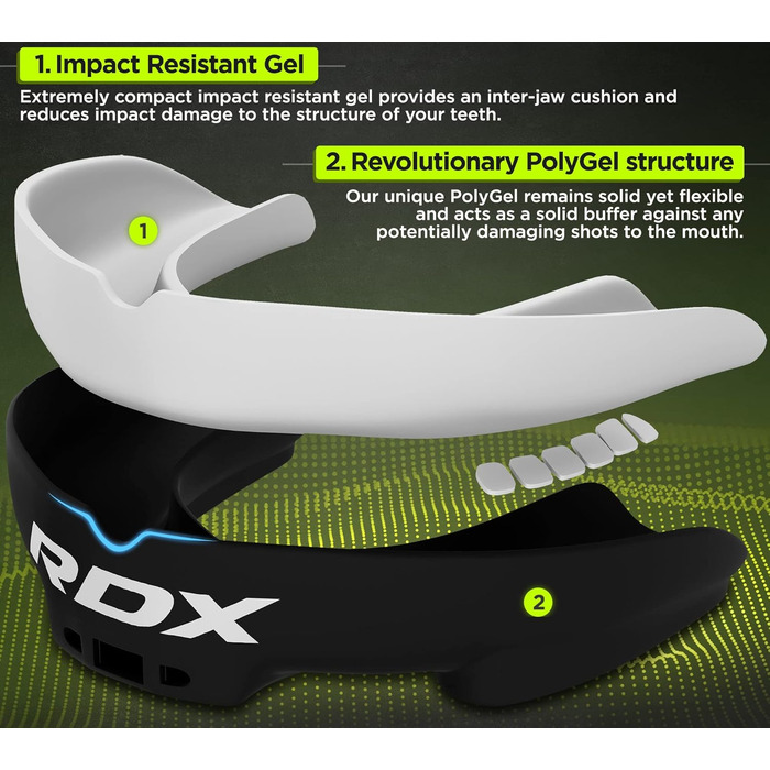 Захист для зубів RDX для бойових видів спорту: MMA, кікбоксинг, хокей, футбол, муай-тай, регбі. Зручна коробка для зберігання. Підходить для дорослих та юніорів (від 12 років).