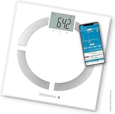 Medisana BS 444 Connect – смарт-ваги для аналізу складу тіла, 180 кг, вимірювання жиру, води, м'язової маси, кісткової тканини, Bluetooth, додаток, біла