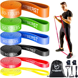 FitBeast Набір еластичних стрічок для фітнесу, гумок для тренувань з рукавичками та дверним анкером для силових тренувань та занять вдома (6 шт., 5-170 LBS)