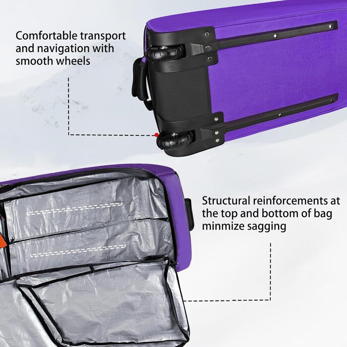 Чохол для сноуборду Goloni з роликами, для подорожей літаком, 600D водонепроникний, розкладний, для 2 пар лиж 190 см, фіолетовий