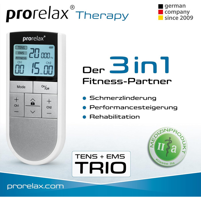 Prorelax TENS/EMS Trio: електростимулятор для релаксації, м'язів та зняття болю | 3 терапії, 50 програм, 16 рівнів інтенсивності