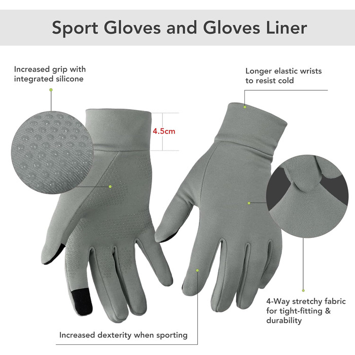 Рукавички Unigear з сенсорним екраном для чоловіків та жінок, спортивні рукавички, утеплені, вітронепроникні, антиковзаючі, для активного відпочинку, їзди, велосипеда, походів (Сірий, L)