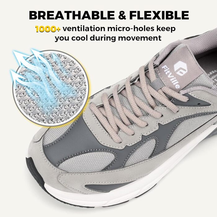 Кросівки для бігу FitVille для чоловіків з широкою стопою (X-широкі) сірого кольору, розмір 44.5 EU, спортивні, зручні, дихаючі, з неслизькою підошвою