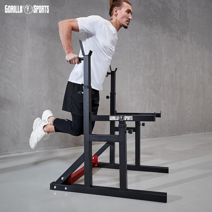 GORILLA SPORTS® Стійка для присідань із турніком, регульована висота і ширина, навантаження до 300 кг, чорна – стійка для штанги, для присідань, для жиму лежачи