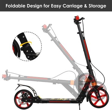 Скутер DREAMADE з алюмінію з колесами 200 мм PU, міський ролер з подвійною підвіскою та ременем, складаний та регульований за висотою для дорослих, підлітків та дітей від 8 років, чорний