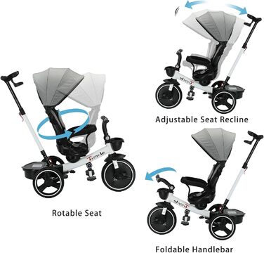 Дитяче тріцикл UBRAVOO 7-в-1: складний, з ліхтарем, гальмом, великим козирком та захисним бампером (білий)