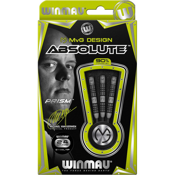 Дротики WINMAU Michael Van Gerwen MvG Absolute 24 г вольфрамові для дартсу, сталевий наконечник, набір з оперенням і хвостовиками, професійні