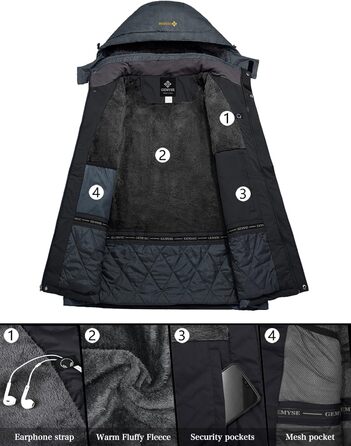 Чоловіча зимова куртка GEMYSE для катання на лижах, тепла, непродувна, водонепроникна, дихаюча, з багатьма кишенями, чорно-сіра, XXL