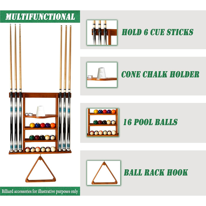 Підставка для бильярдної кулі та кия на стіну, 6 відділень, з масиву дуба, для аксесуарів до більярдного столу