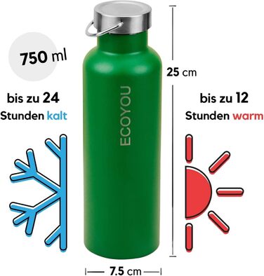 Термос-бутилка EcoYou з нержавіючої сталі 750 мл, подвійні стінки, для гарячих і холодних напоїв, ізотермічна пляшка для спорту та активного відпочинку