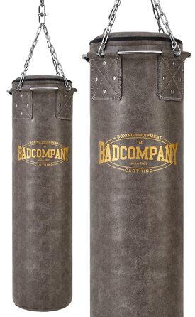 Боксерський мішок Bad Company Vintage з металевим кільцем та сталевою ланцюгом, з штучної шкіри. Розміри: 80/100/120/150/180 x 35 см (не заповнений)