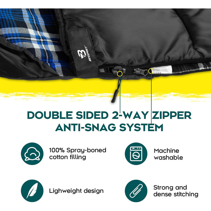 Спальний мішок Bessport фланелевий для кемпінгу 3-4 сезони - 10°C-20°C | Зимовий, легкий, водонепроникний та теплий спальний мішок для дорослих та дітей, для рюкзакових подорожей, кемпінгу, походів та подорожей. Фланелевий, синьо-зелений (-5°C) (фланелеви