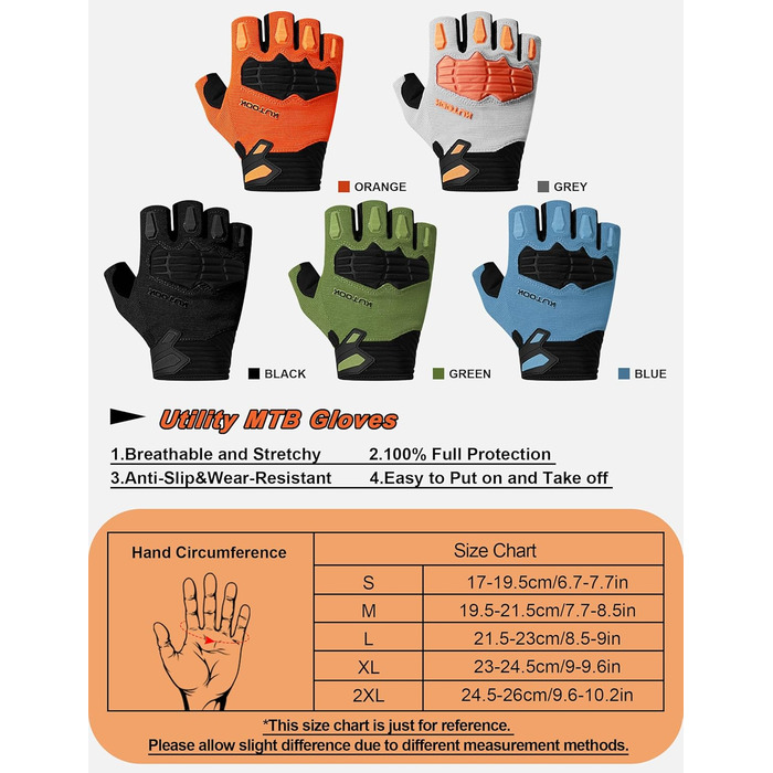 Велосипедні рукавички KUTOOK MTB для катання літом з амортизуючою вставкою та захистом пальців. Дихаючі рукавички для чоловіків та жінок, сіро-помаранчевий колір (XL, синій)