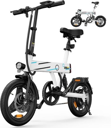 Складний електровелосипед Finbike 14/16 дюймів, 250Вт, акумулятор 7.8Аг, швидка зарядка, 3 режими швидкості, до 45 км, для дорослих і підлітків, біло-синій