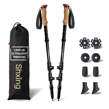 Комплект карбонових палиць для скандинавської ходьби та трекінгу (2 шт), ультралегкі, регульовані 62–135 см, з корковими ручками, для чоловіків та жінок