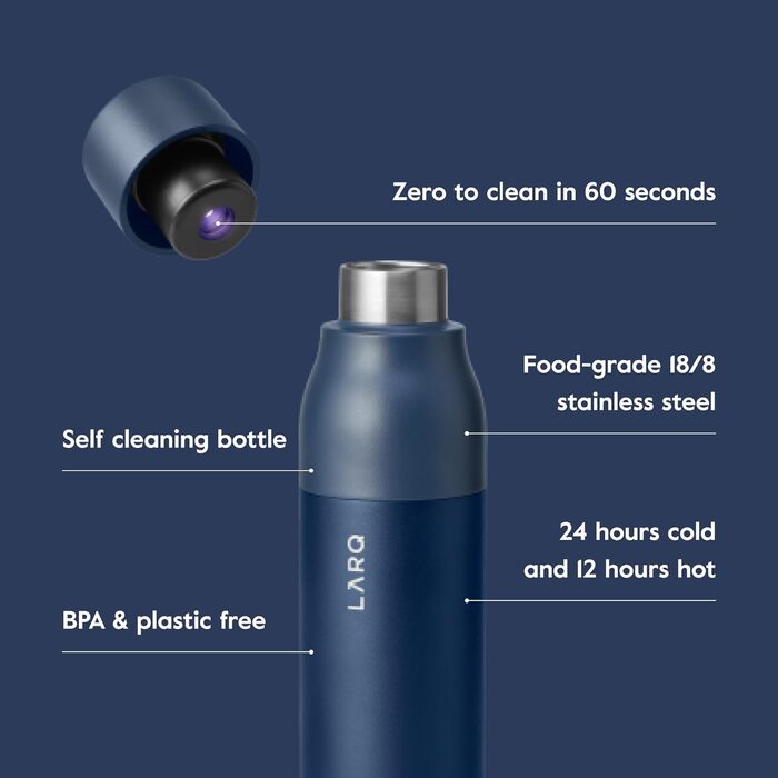 LARQ Bottle PureVis 500 мл – самочищувальна ізольована пляшка з нержавіючої сталі з UV-очищенням води, преміальний дизайн, для подорожей, багаторазова, синя