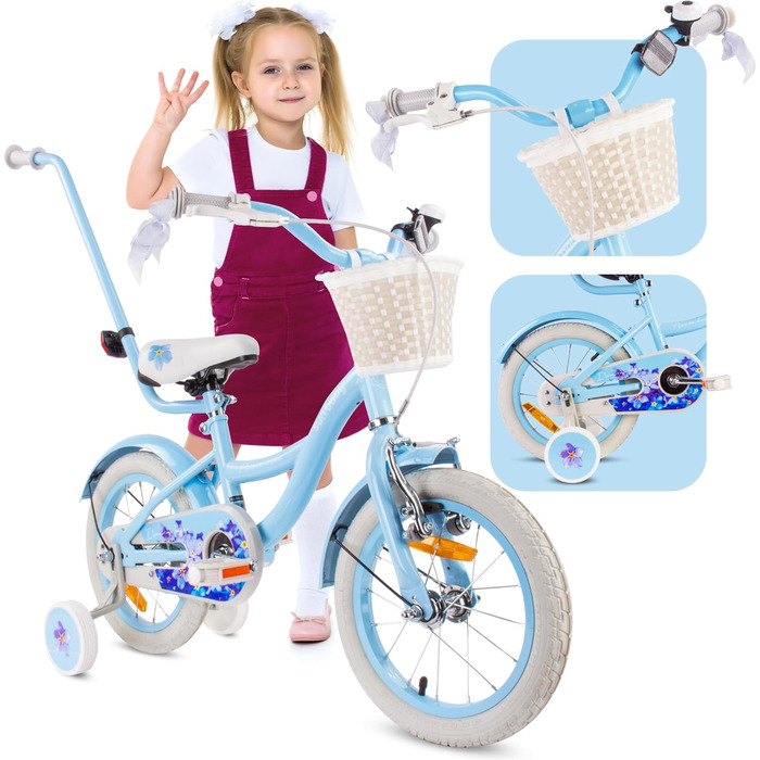 Дитяче велосипед Sun Baby Flower Bike для дівчаток, 16 дюймів, знімний ручка-штовхач, 2-6 років (Блакитний)