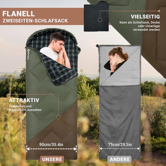 Сплячий мішок KingCamp Flannel для дорослих, 3-4 сезони, ультралегкий, бавовна, теплий, ковдровий, водонепроникний, для кемпінгу (зелений/коричневий, L, блискавка)