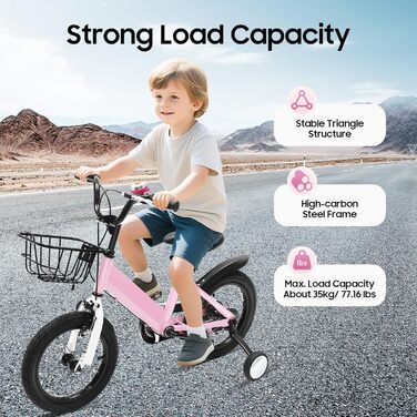 Дитячий велосипед 14 дюймів, регульована висота, рожевий велосипед для дівчаток 3-5 років. З додатковими колесами та кошиком. Ідеальний для навчання та катання на вулиці.