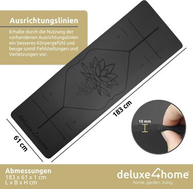 Йога мат для занять спортом | Deluxe4Home® - неслизька фітнес-мат з ручкою для перенесення | для йоги та пілатесу | чорна тренувальна мат з розміткою