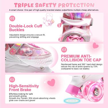 Роликові ковзани для дівчаток Rollkate Kid з блискучими сердечками та світлодіодами, регульовані 4 рази, ідеальні для початківців, подарунок на день народження або Різдво (рожеві)