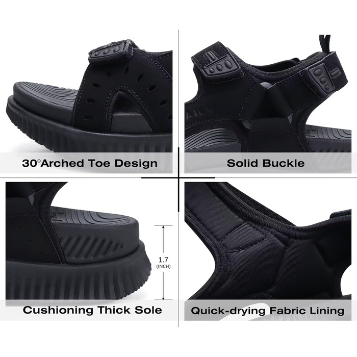 Чоловічі сандалі KuaiLu для трекінгу та відпочинку: ортопедичні, зручні, літні, пляжні, з товстою підошвою, розмір 44 EU (чорні)