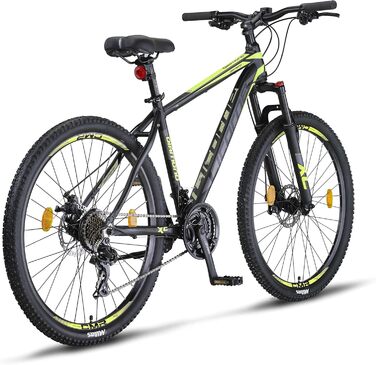 Гірський велосипед Licorne Bike Diamond Premium 27.5'' алюмінієвий, 21 швидкість, дискові гальма, регульована вилка, чорний-лайм, для хлопців, дівчат, чоловіків і жінок
