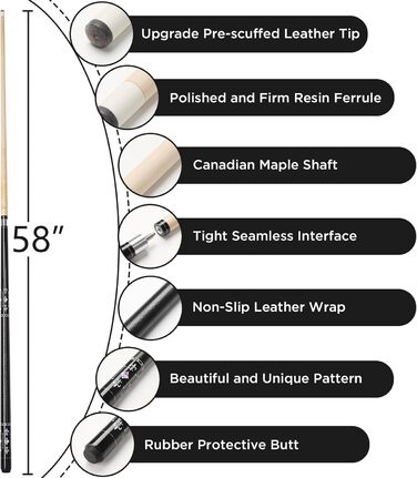 Більярдний кий 18/19/20/21 oz, 58' - професійний кий для більярду, 13mm наконечник, для гри 8/9 куль, чорний 21oz