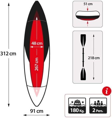 Надувний каяк N/Z для 2 осіб з комплектом: весло, насос, ПВХ. Ідеально для водного спорту, риболовлі та відпочинку на річках та морях. Макс. вантажопідйомність 400 кг, розмір 45.7 x 254 x 61 см