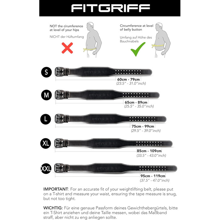 Шкіряний пояс для важкої атлетики Fitgriff, чорний, XXL, 4 дюйми – для бодібілдингу, пауерліфтингу та тренувань, 100% натуральна шкіра, унісекс