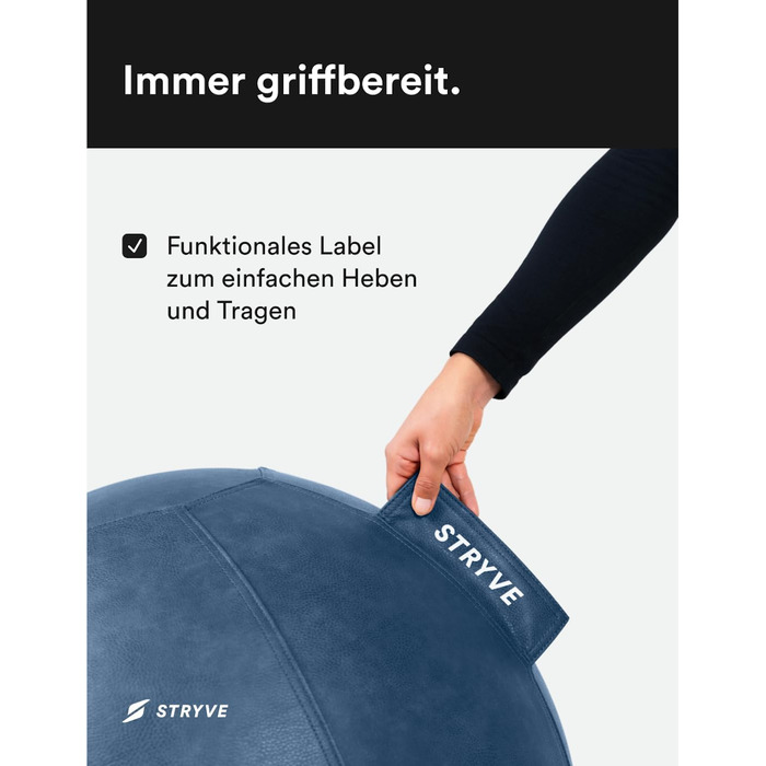 STRYVE Фітбол для офісу 65-70 см - ергономічний фітнес-м'яч знімний чохол, захист від скочування, повітряний насос, до 150 кг, синій штучна шкіра