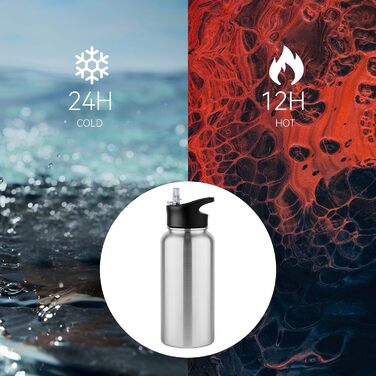 Термобутилка з нержавіючої сталі 1 л, з 2 кришками і трубочкою, BPA Free, герметична, для газованих напоїв, подвійна вакуумна ізоляція, для спорту, подорожей, кемпінгу