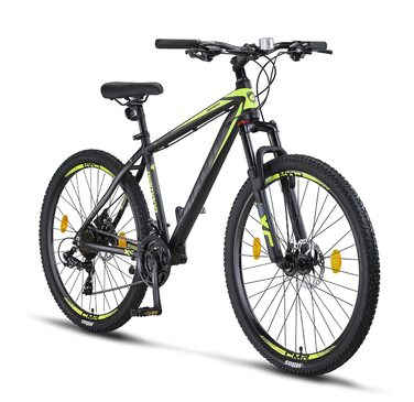 Гірський велосипед Licorne Bike Diamond Premium з алюмінієвою рамою, 21 швидкість, дискові гальма, регульована вилка, 27.5 дюймів, чорно-лаймовий