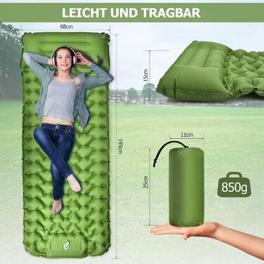 Isomatte Amtake самонадувна, 10 см, для кемпінгу, ультралегка, з насосом, водонепроникна, зелена