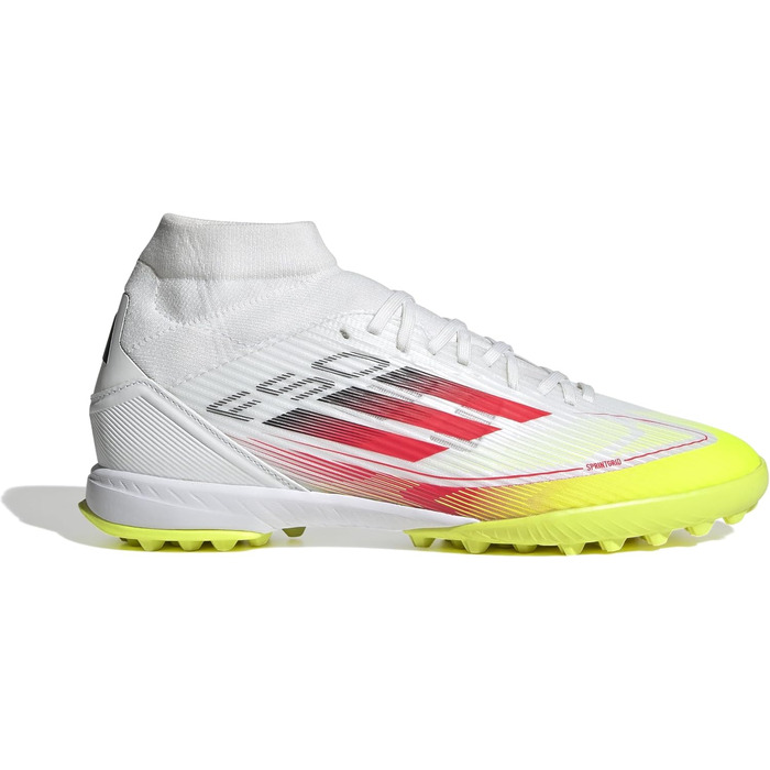 Жіночі футбольні бутси adidas F50 League Mid для гри на траві, розмір 38 2/3 EU, кольори: Cloud White, Lucid Red, Solar Yellow