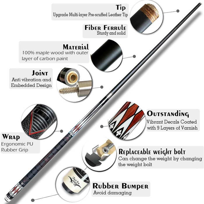 Більярдний кий Tai Ba Cues 58'' з чохлом, дерев'яний канадський клен, 19 oz, PU-покриття, 13mm шкіряний наконечник, Магоні