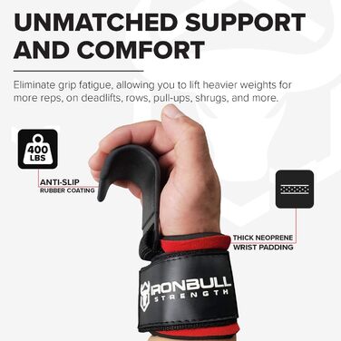 Сталеві гаки для важкоатлета Iron Bull Strength (пара) – міцні ремінці на зап'ястя для станової тяги та пауерліфтингу, з м'якою підкладкою, чорні