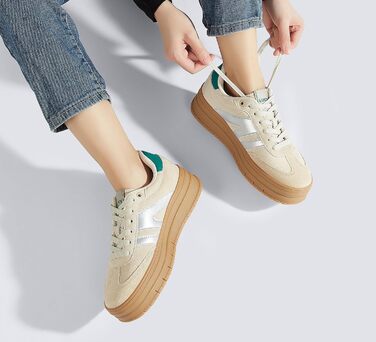 Кросівки LUCKY STEP Plateau Sneaker для жінок - платформа, канвас, ретро стиль, низький профіль, комфортні для повсякденного носіння, 42 EU, бежево-зелені