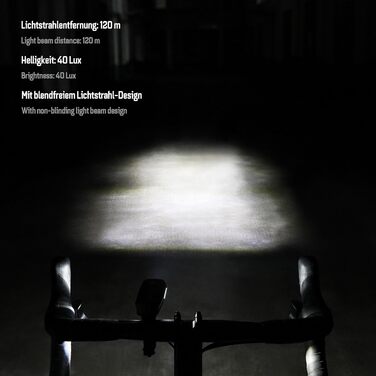 Набір велосипедних ліхтарів 40 Lux Stellar: переднє та заднє світло, сертифіковане StVZO, водонепроникне, LED з індикатором заряду батареї, для щоденного використання та їзди на роботу