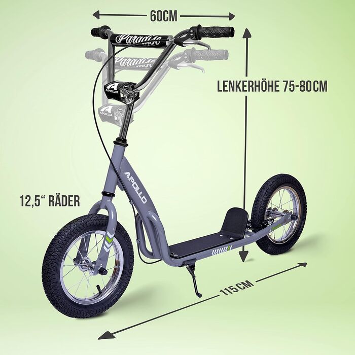 Дитячий та підлітковий самокат Apollo Retro Scooter Paradise з великими пневматичними колесами 12,5 дюймів, широкою платформою для міста
